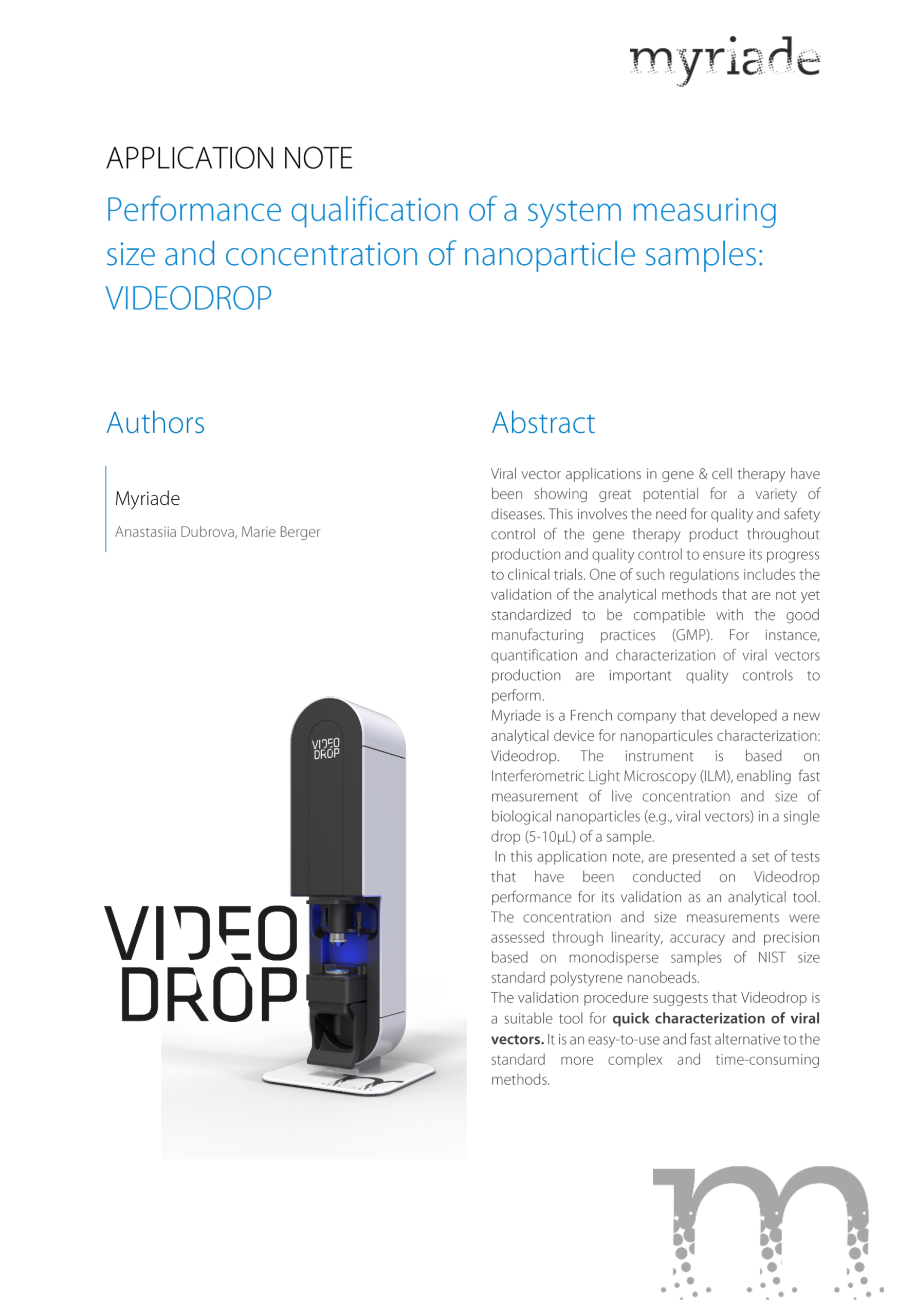 Performance qualification of a system measuring size and concentration of nanoparticle samples: VIDEODROP